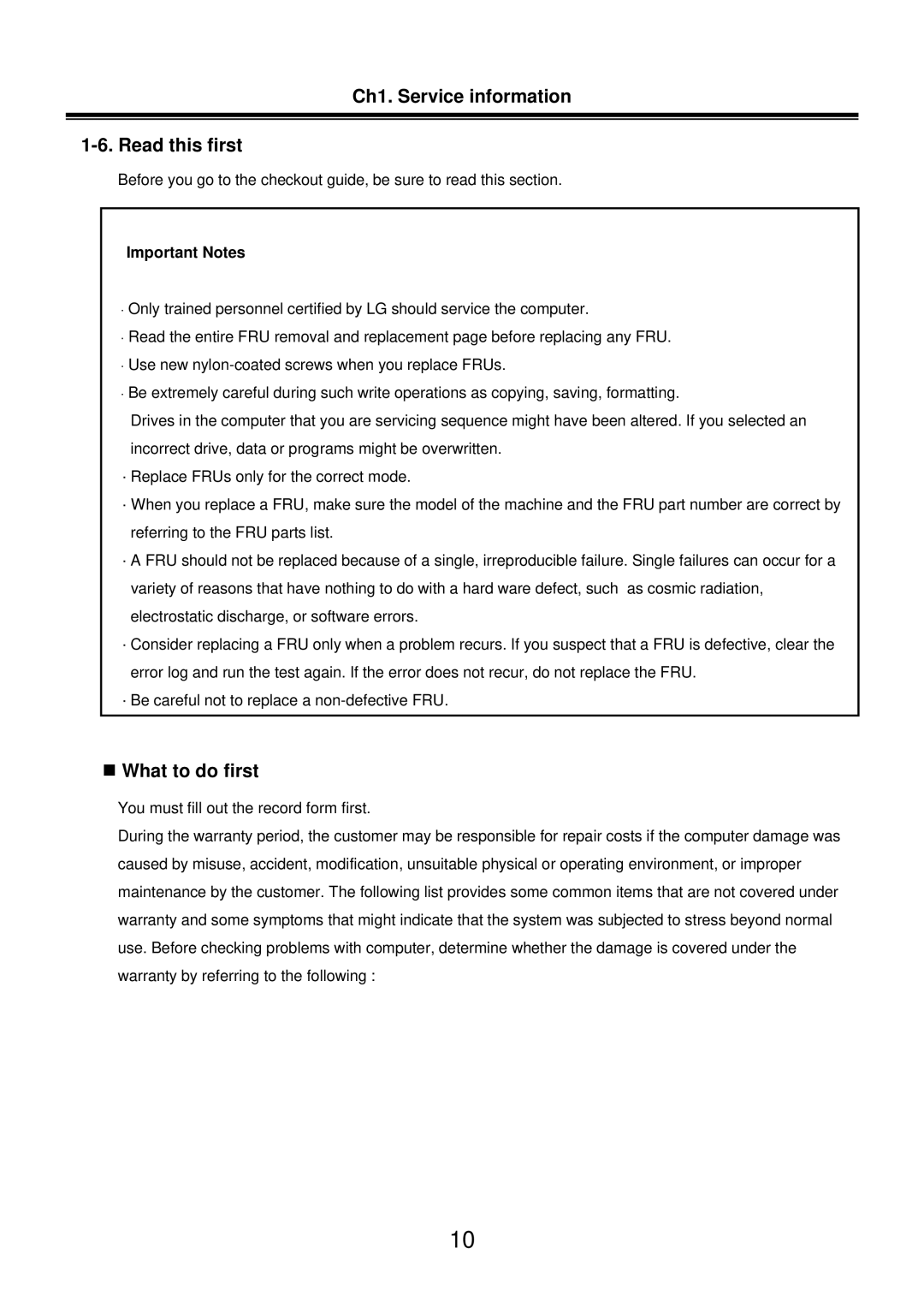 LG Electronics LM50 service manual Ch1. Service information Read this first, „ What to do first, Important Notes 