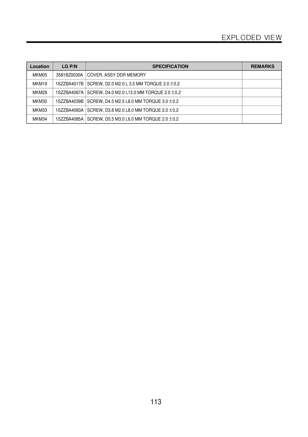 LG Electronics LM50 service manual 113, LG P/N Specification 