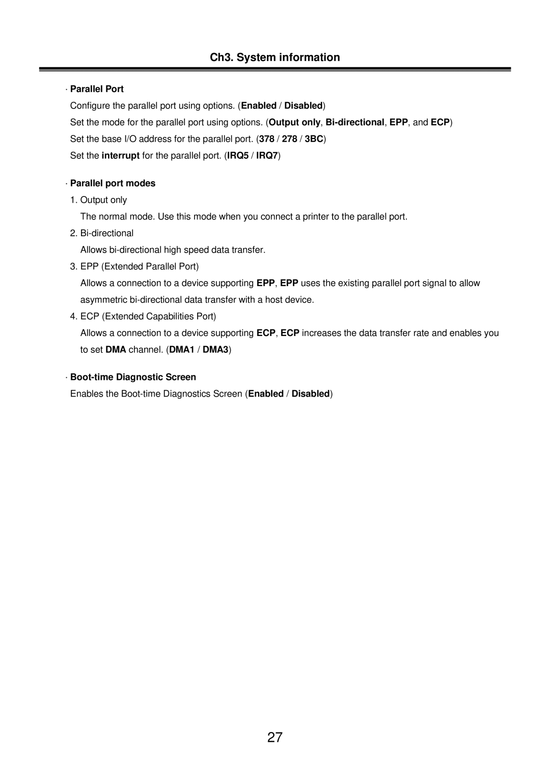 LG Electronics LM50 service manual · Parallel Port, · Parallel port modes, · Boot-time Diagnostic Screen 