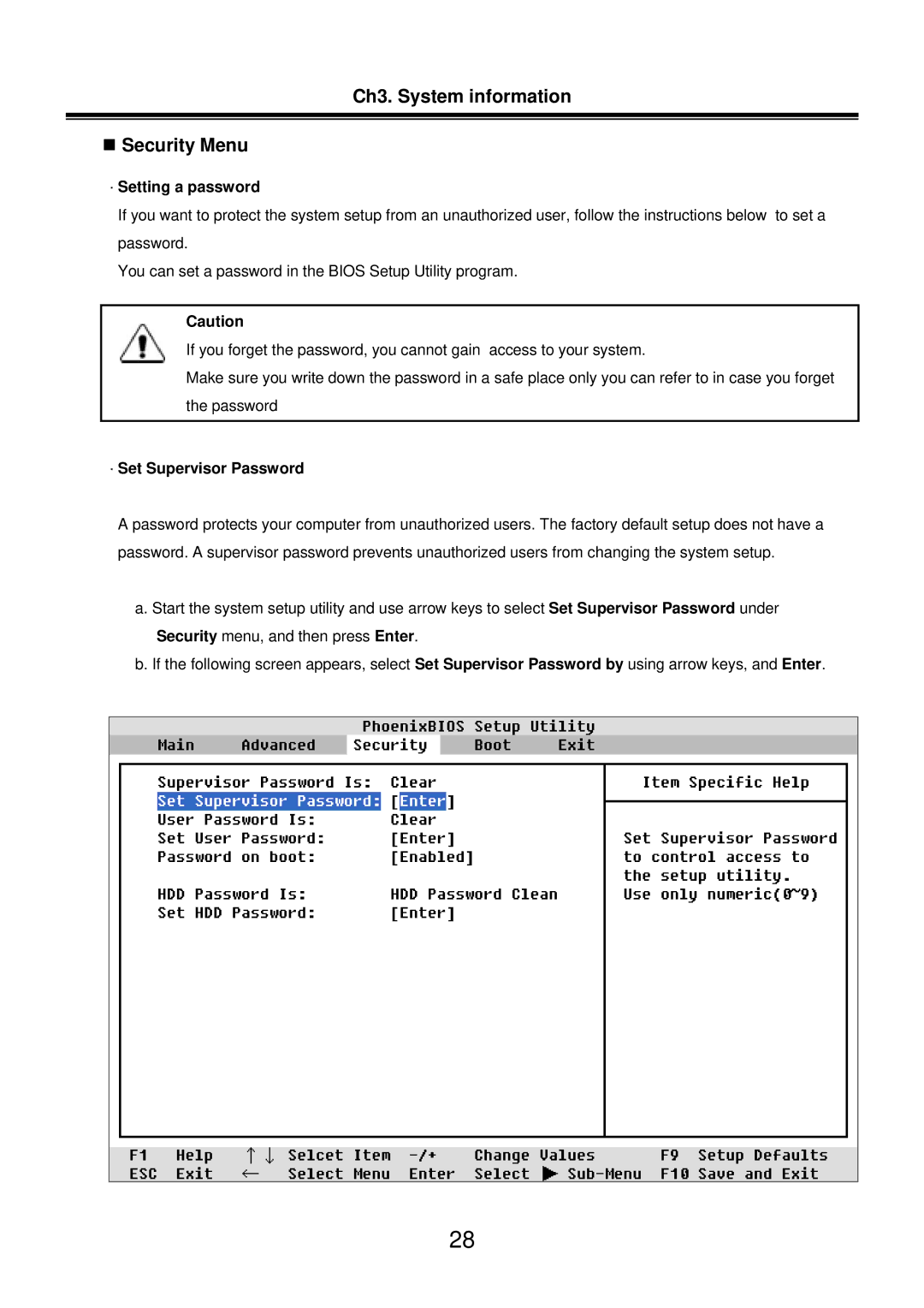 LG Electronics LM50 service manual Ch3. System information „ Security Menu, · Setting a password, · Set Supervisor Password 