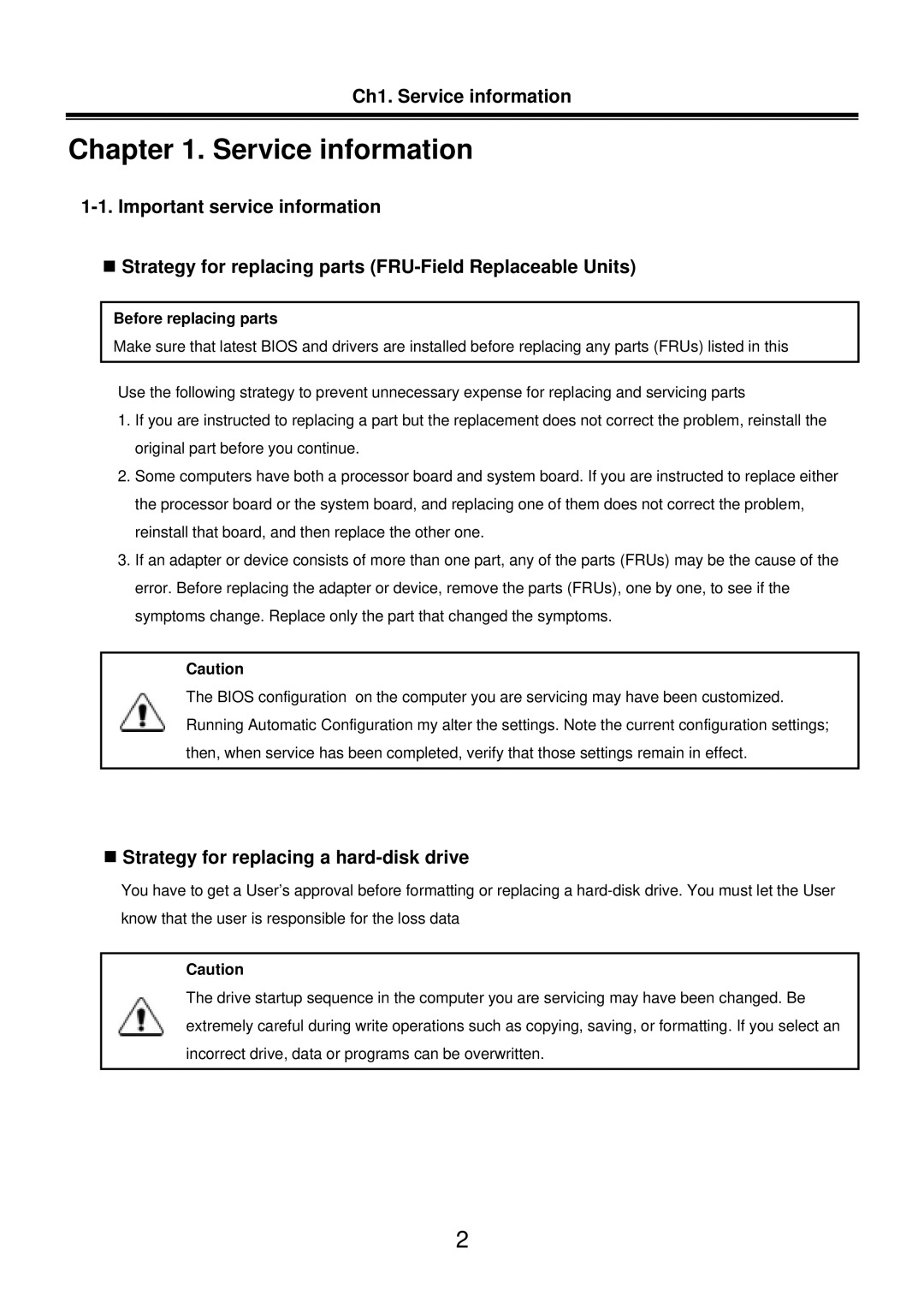 LG Electronics LM50 Ch1. Service information, „ Strategy for replacing a hard-disk drive, Before replacing parts 