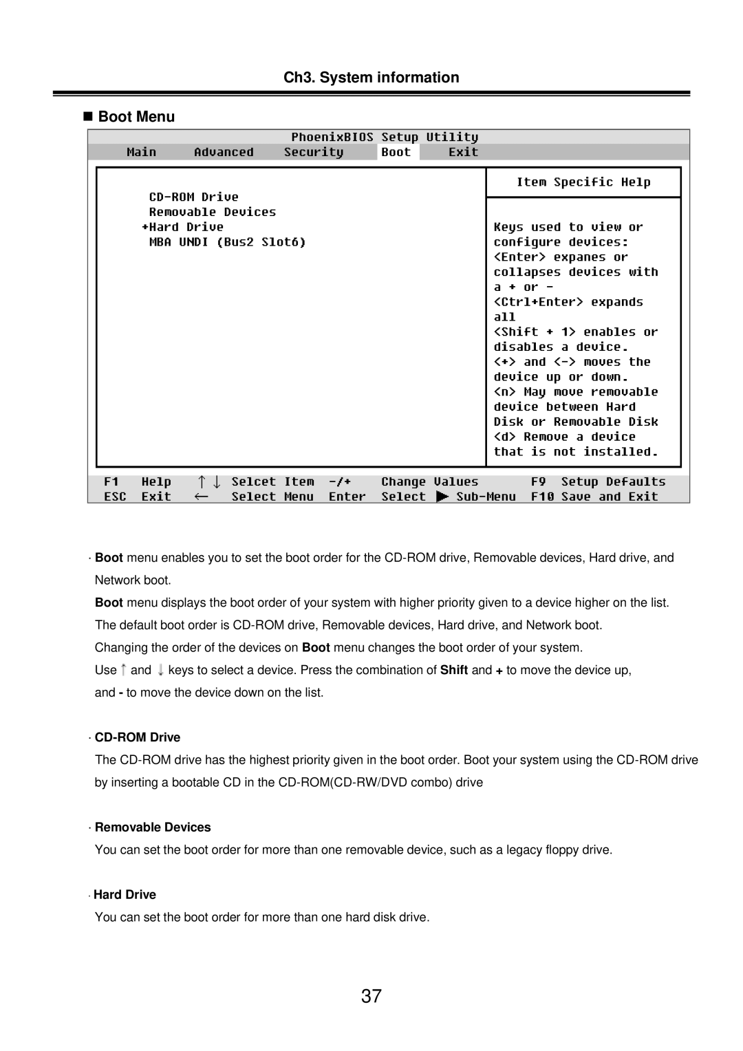 LG Electronics LM50 service manual Ch3. System information „ Boot Menu, · CD-ROM Drive, · Removable Devices, · Hard Drive 