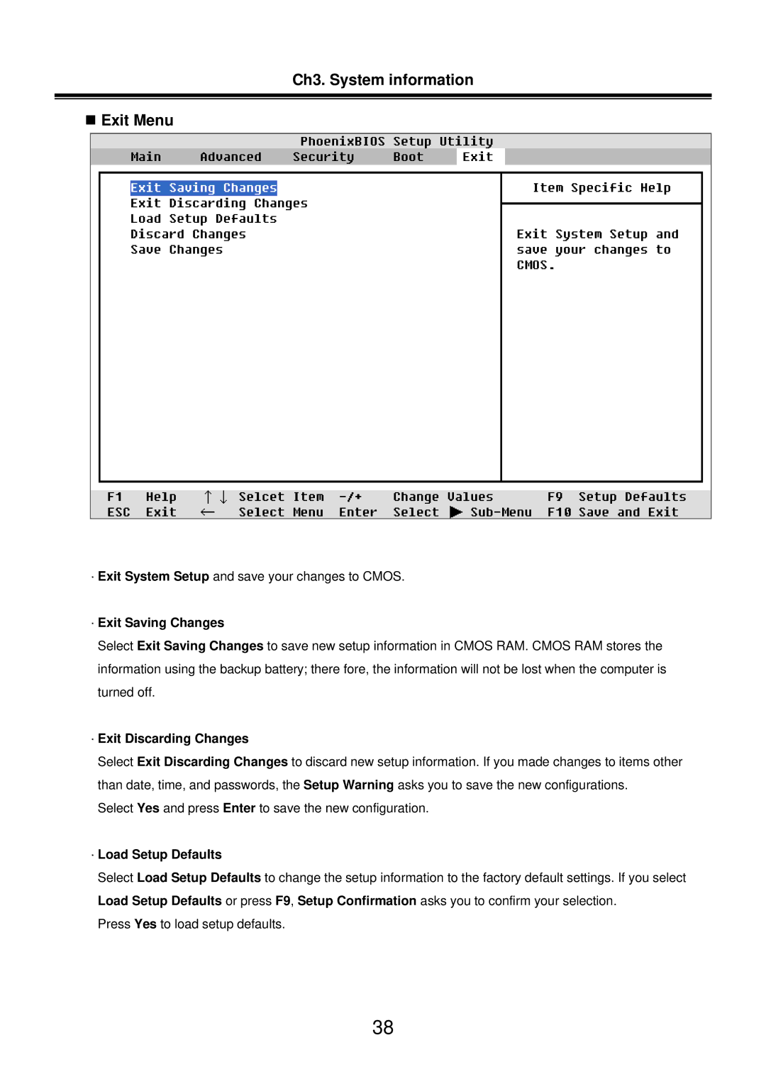 LG Electronics LM50 service manual Ch3. System information „ Exit Menu, · Exit Saving Changes, · Exit Discarding Changes 