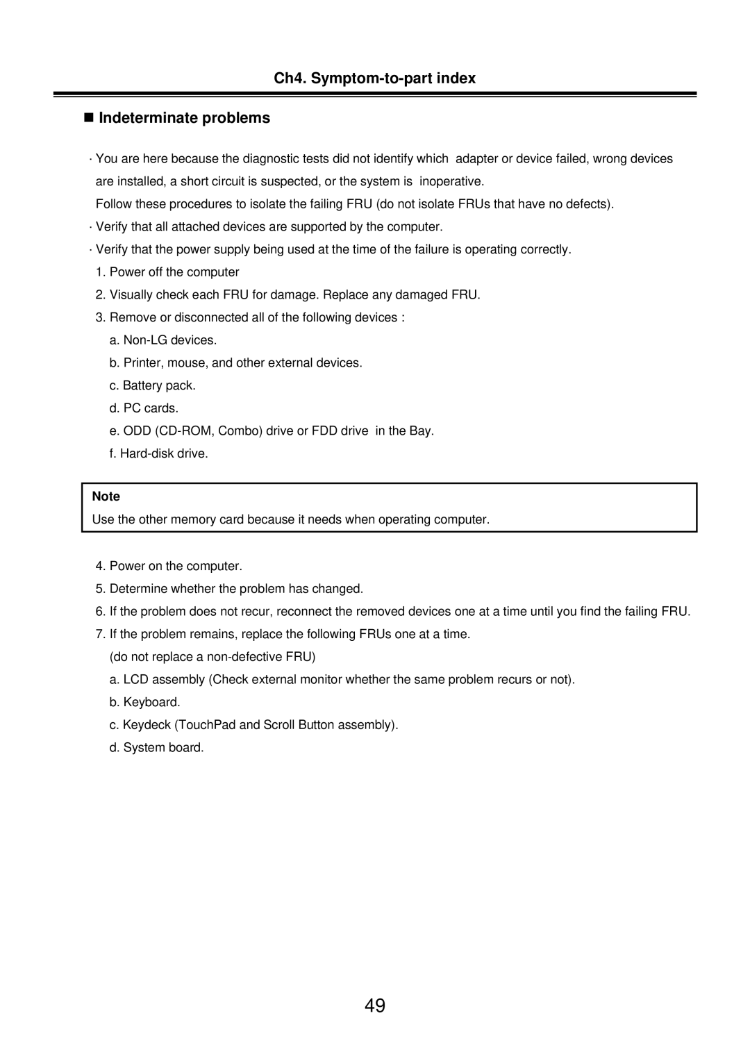 LG Electronics LM50 service manual Ch4. Symptom-to-part index „ Indeterminate problems 