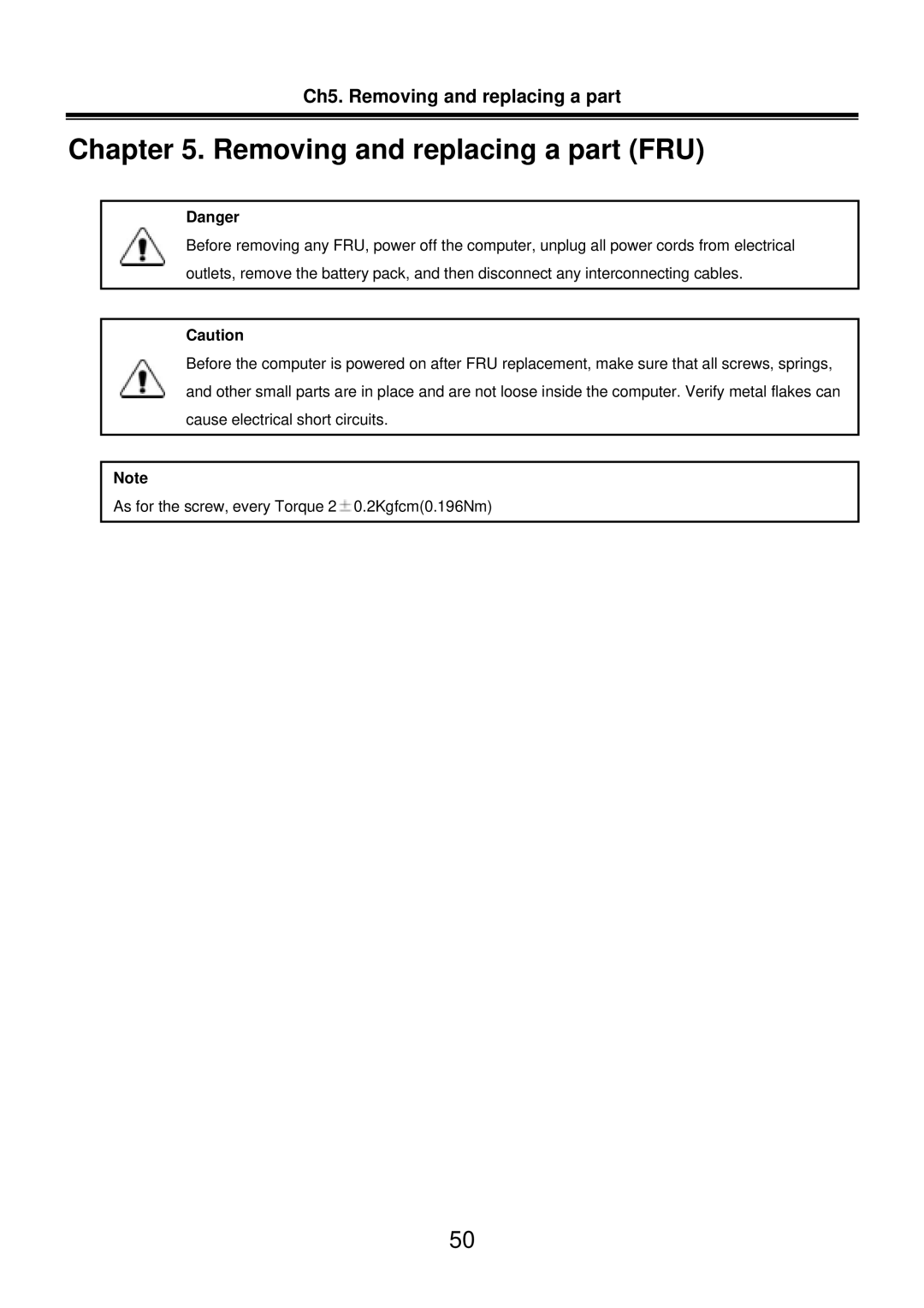 LG Electronics LM50 service manual Removing and replacing a part FRU, Ch5. Removing and replacing a part 