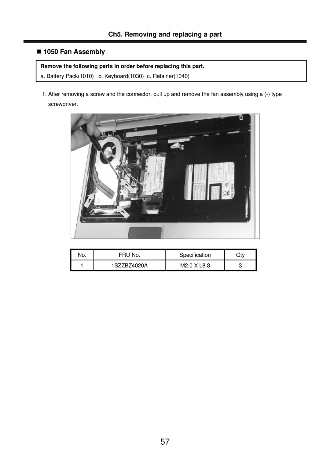 LG Electronics LM50 service manual Ch5. Removing and replacing a part „ 1050 Fan Assembly 