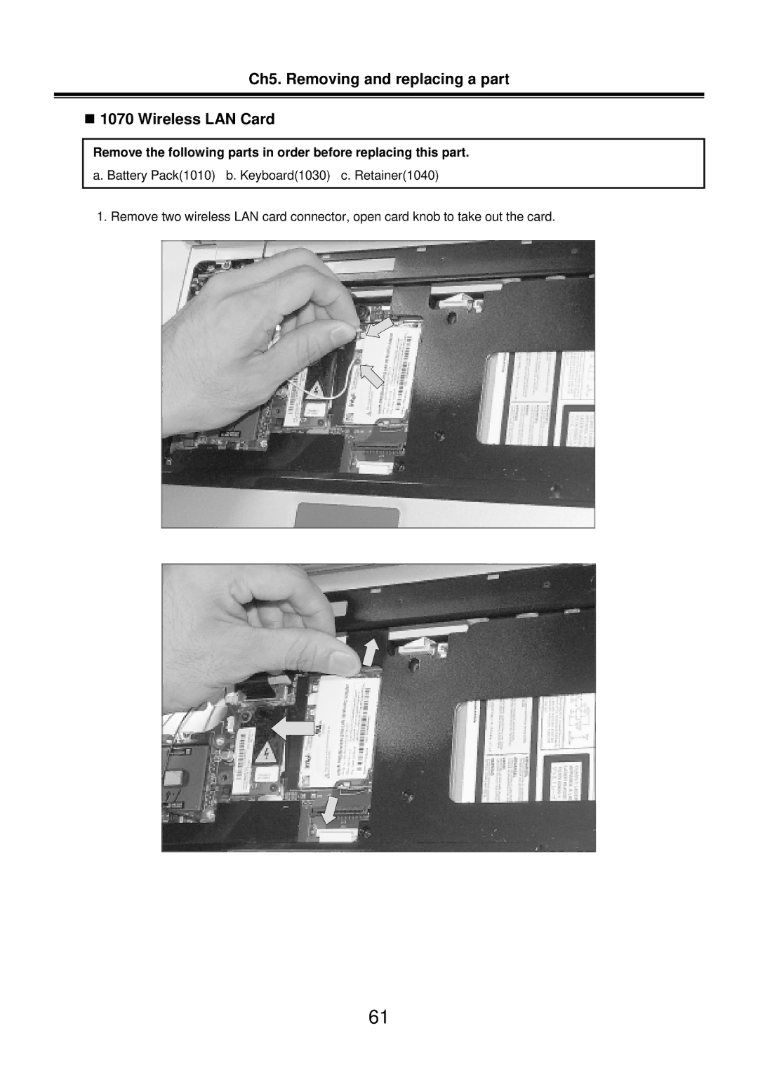 LG Electronics LM50 service manual Ch5. Removing and replacing a part „ 1070 Wireless LAN Card 