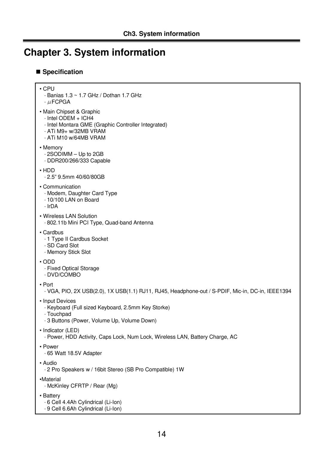 LG Electronics LM50 service manual Ch3. System information, „ Specification 