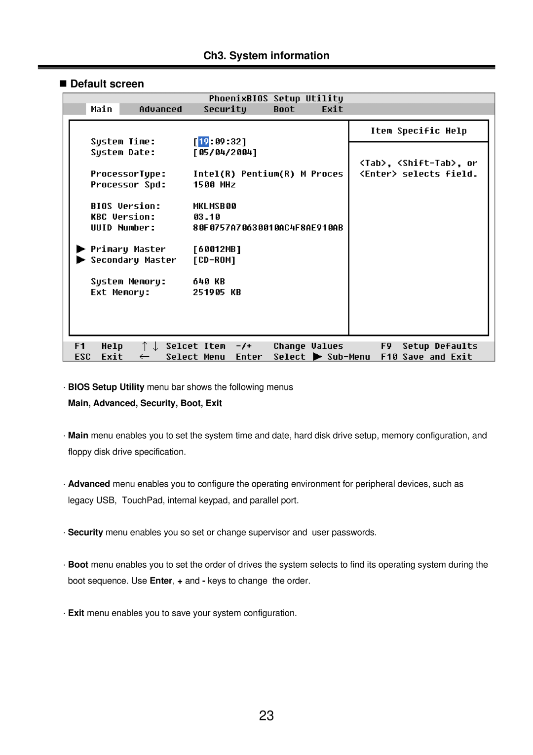 LG Electronics LM50 service manual Ch3. System information „ Default screen, Main, Advanced, Security, Boot, Exit 