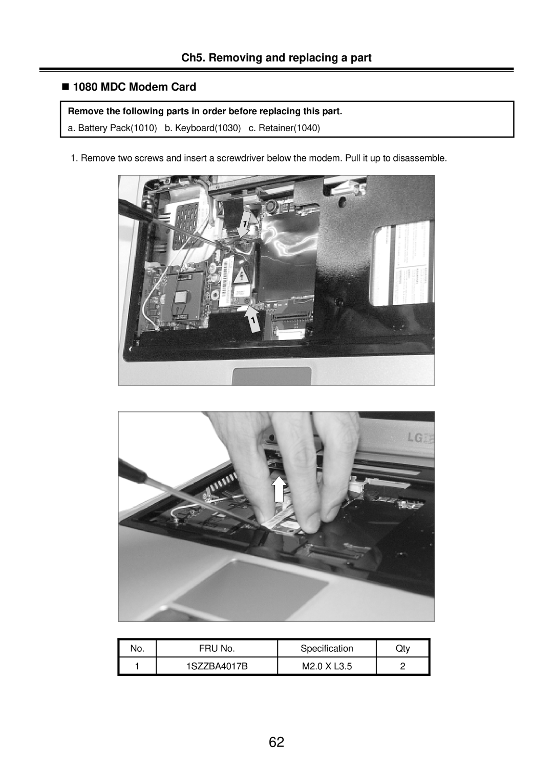 LG Electronics LM50 service manual Ch5. Removing and replacing a part „ 1080 MDC Modem Card 