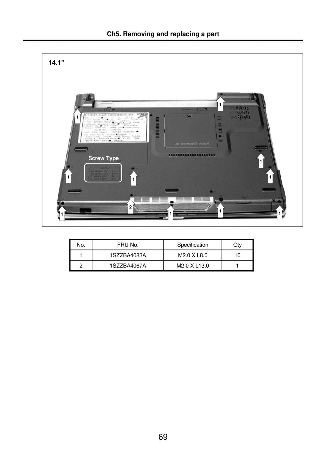 LG Electronics LM50 service manual Ch5. Removing and replacing a part 14.1”, Screw Type 