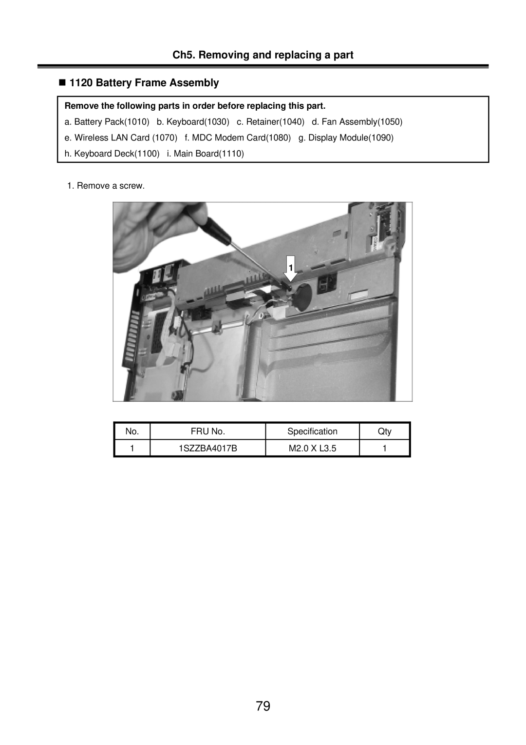 LG Electronics LM50 service manual Ch5. Removing and replacing a part „ 1120 Battery Frame Assembly 
