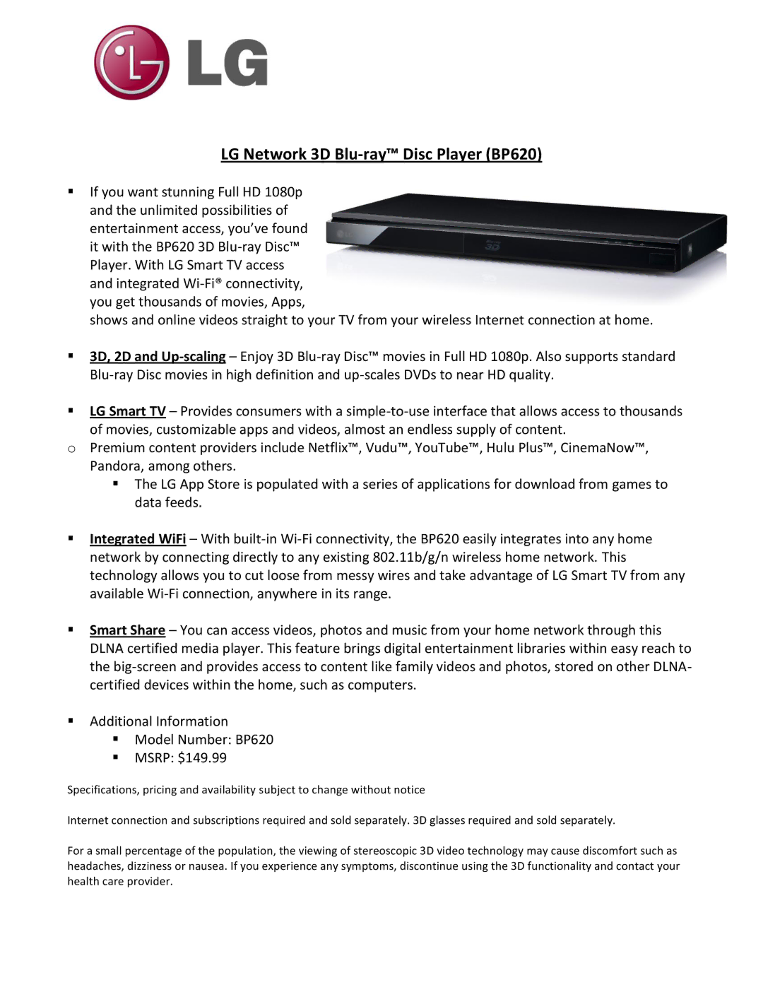 LG Electronics LM7600 manual LG Network 3D Blu-ray Disc Player BP620 