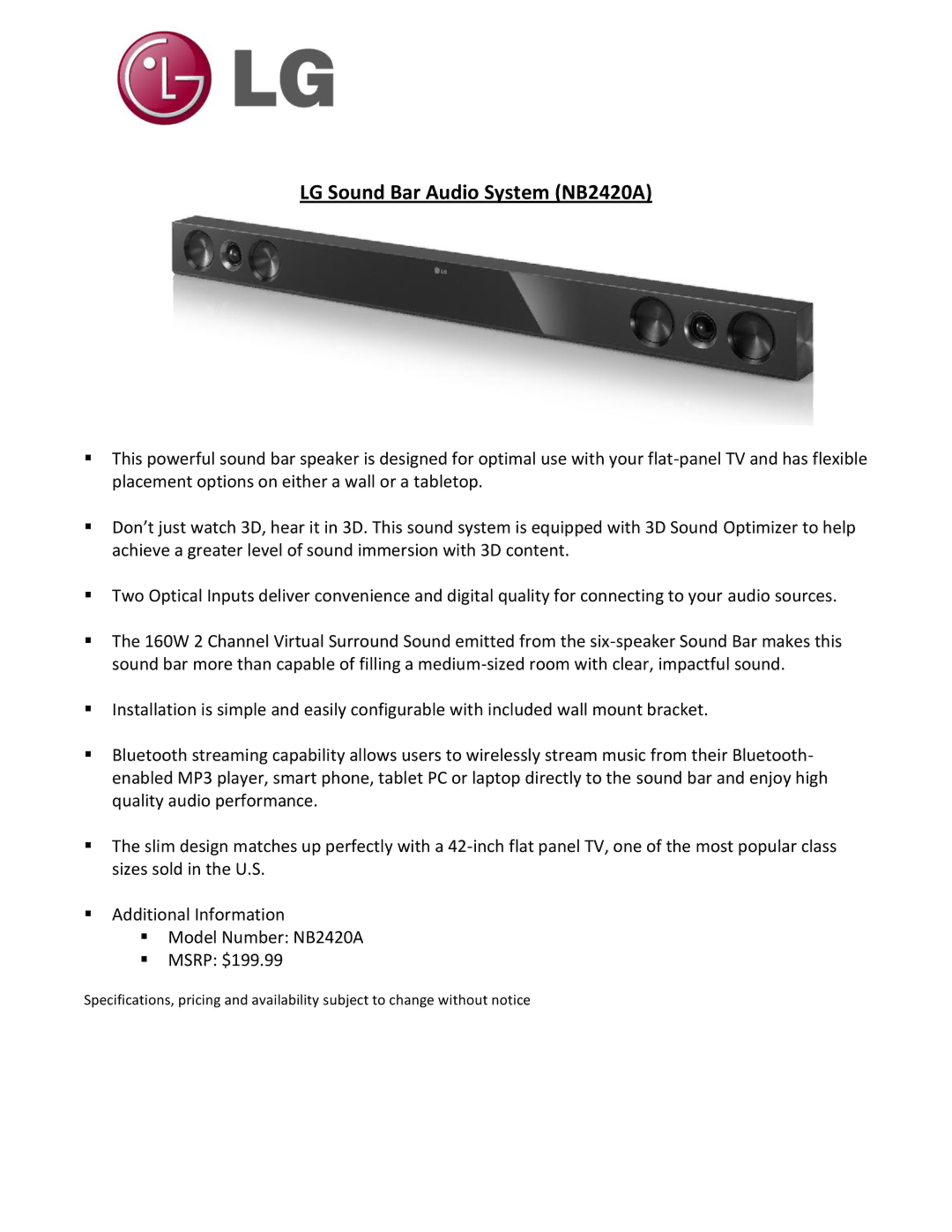 LG Electronics LM7600 manual LG Sound Bar Audio System NB2420A 