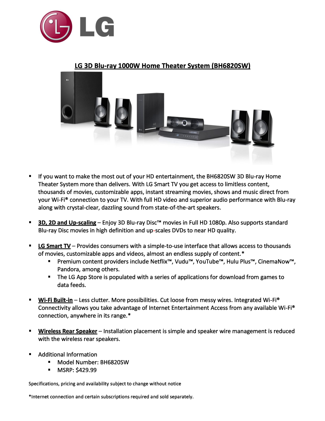 LG Electronics LM7600 manual LG 3D Blu-ray 1000W Home Theater System BH6820SW 
