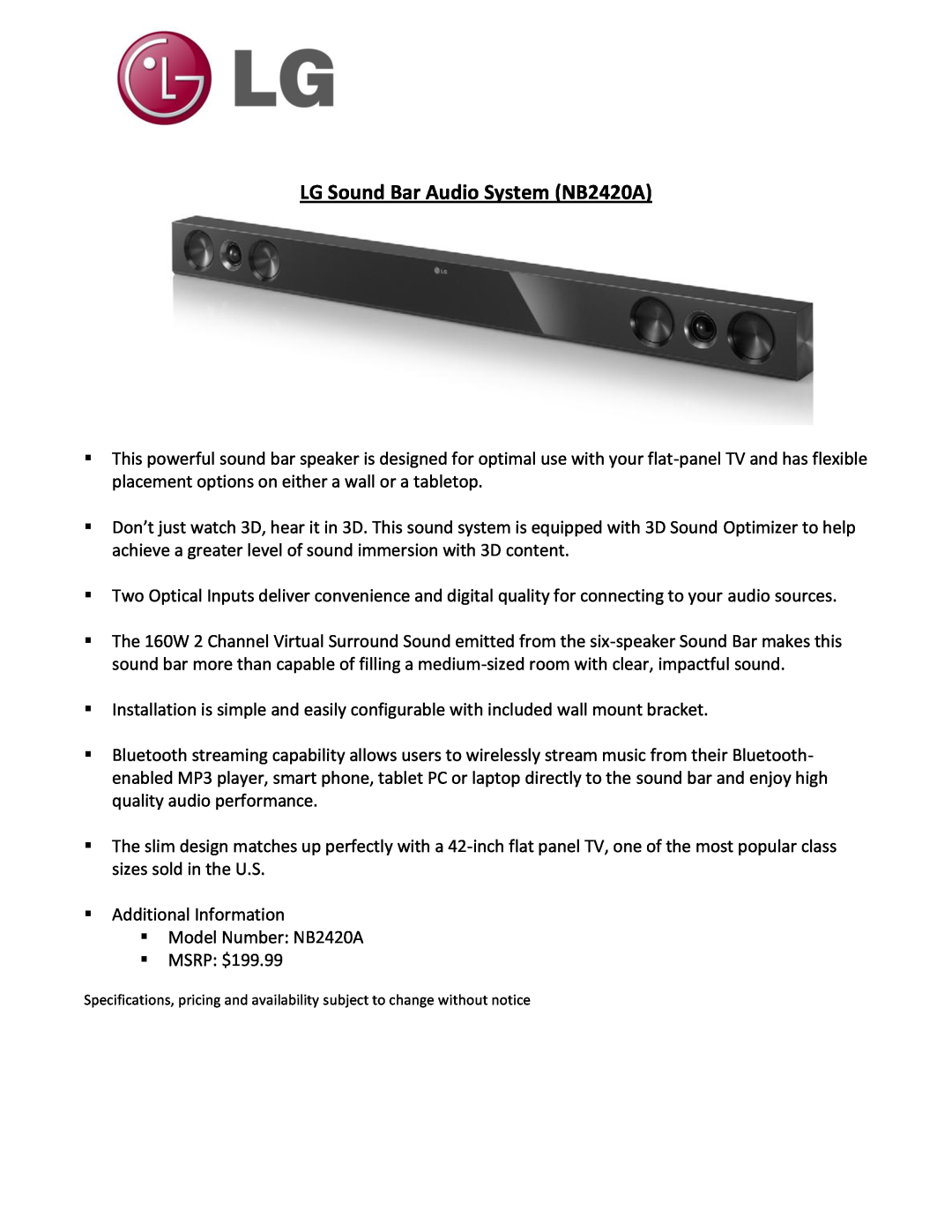 LG Electronics LM7600 manual LG Sound Bar Audio System NB2420A 