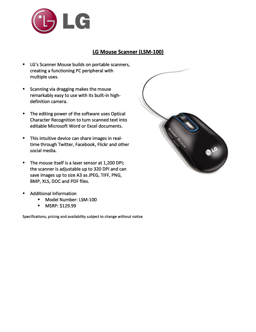 LG Electronics LM7600 manual LG Mouse Scanner LSM-100 