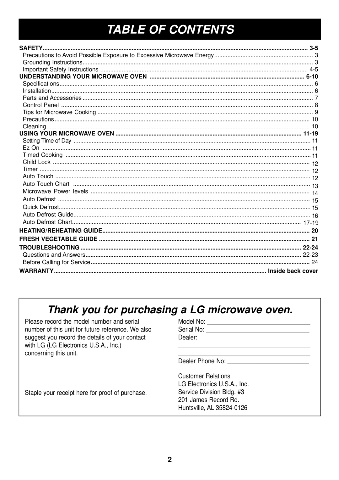 LG Electronics LMA840W manual Table of Contents 