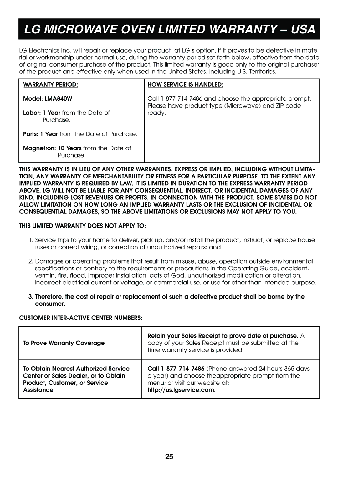 LG Electronics LMA840W manual LG Microwave Oven Limited Warranty USA, Warranty Period HOW Service is Handled 