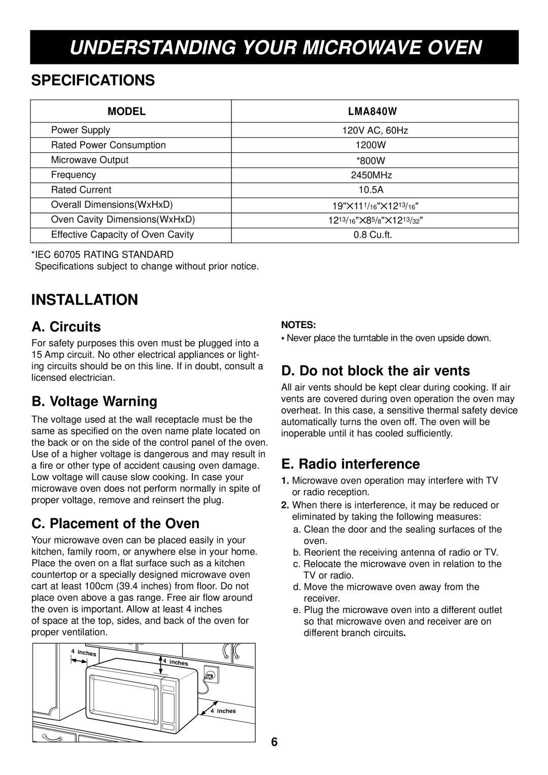 LG Electronics LMA840W manual Understanding Your Microwave Oven, Specifications, Installation 