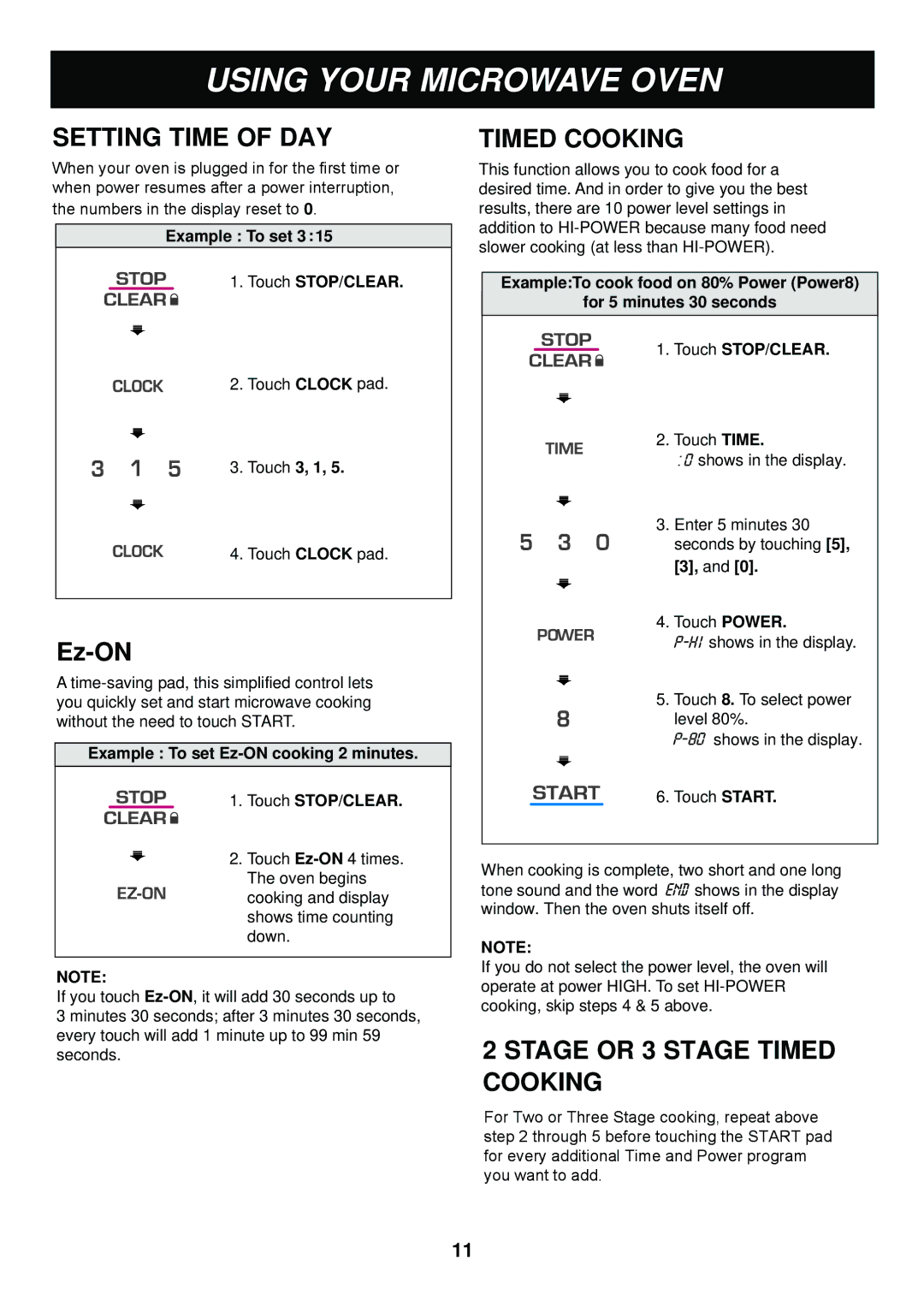 LG Electronics LMAB1240ST manual Using Your Microwave Oven, Setting Time of DAY, Stage or 3 Stage Timed Cooking 