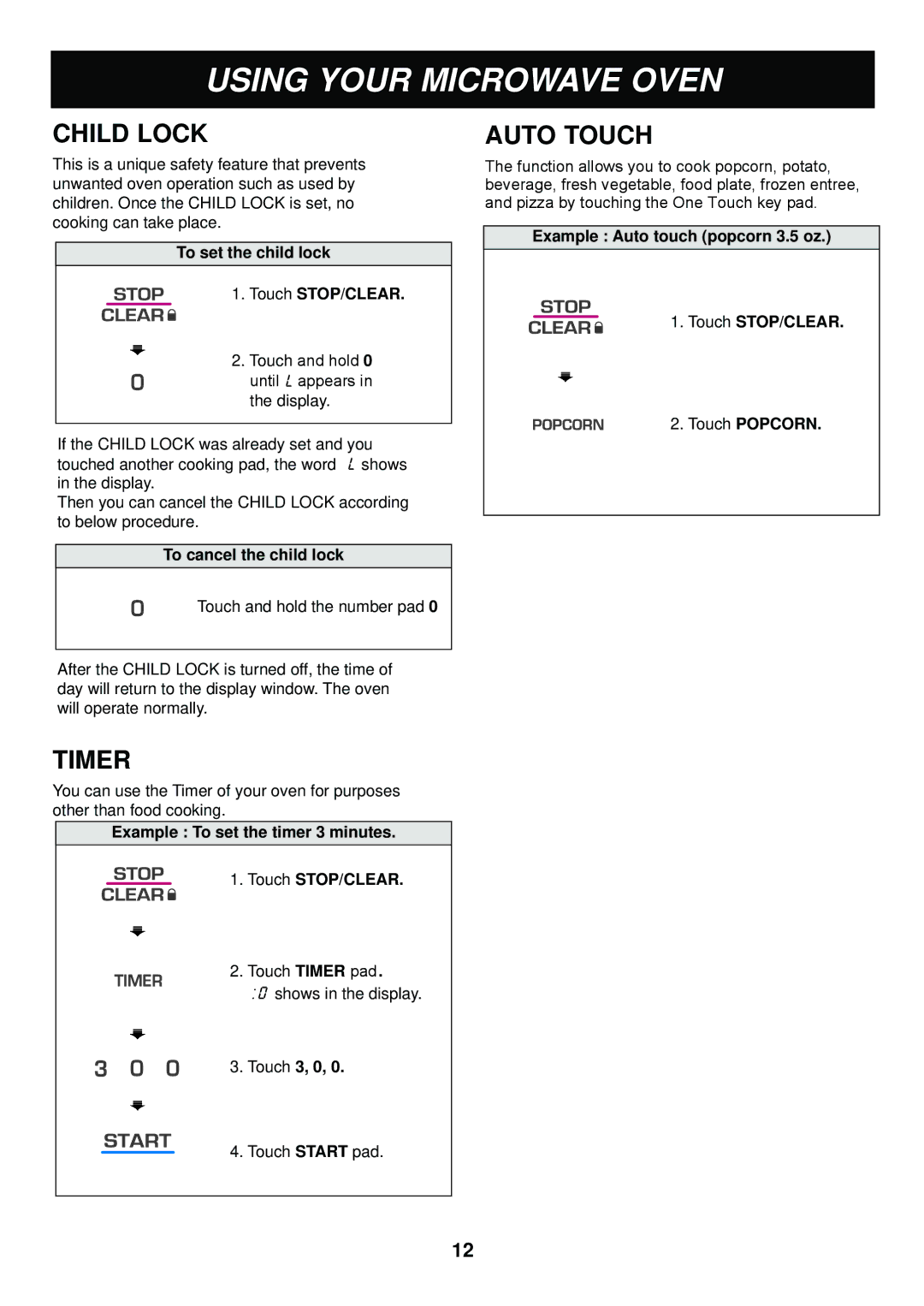 LG Electronics LMAB1240ST manual Child Lock, Auto Touch, Timer 