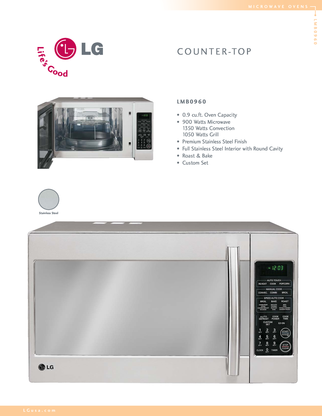 LG Electronics LMB0960 manual L M B, C O U N T E R -Top, 0.9 cu.ft. Oven Capacity 900 Watts Microwave, L G u s a . c o m 