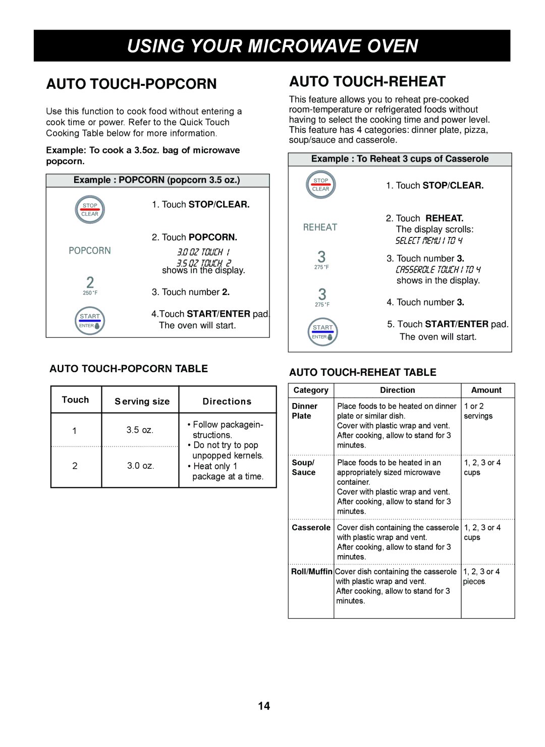 LG Electronics LMB0960ST Auto TOUCH-POPCORN Table Auto TOUCH-REHEAT Table, Example To Reheat 3 cups of Casserole 