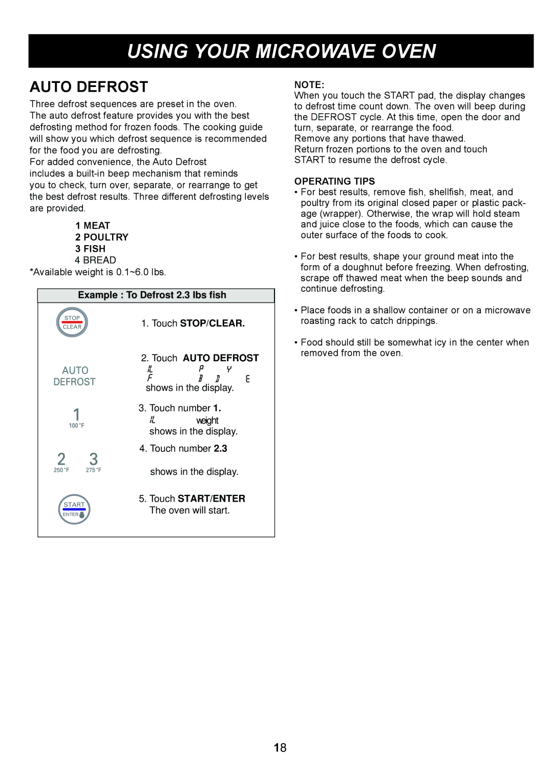 LG Electronics LMB0960ST manual Auto Defrost, Meat Poultry Fish Bread, Operating Tips 