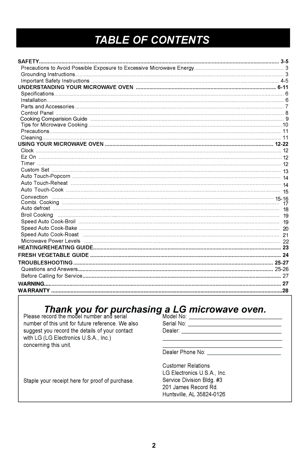 LG Electronics LMB0960ST manual Table of Contents 