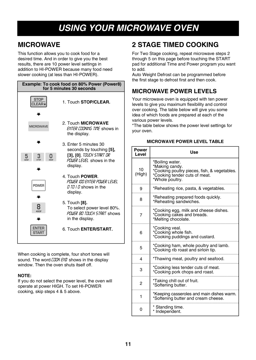 LG Electronics LMH1017CVW, LMH1017CVB Using Your Microwave Oven, Stage Timed Cooking, Microwave Power Level Table 