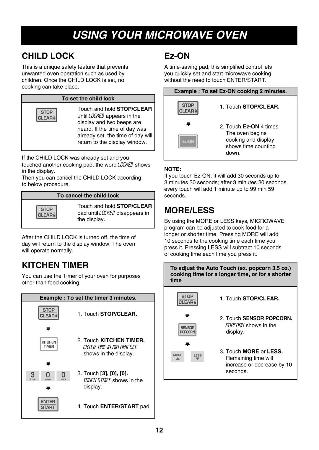 LG Electronics LMH1017CVB, LMH1017CVST, LMH1017CVW owner manual Child Lock, Kitchen Timer, More/Less 