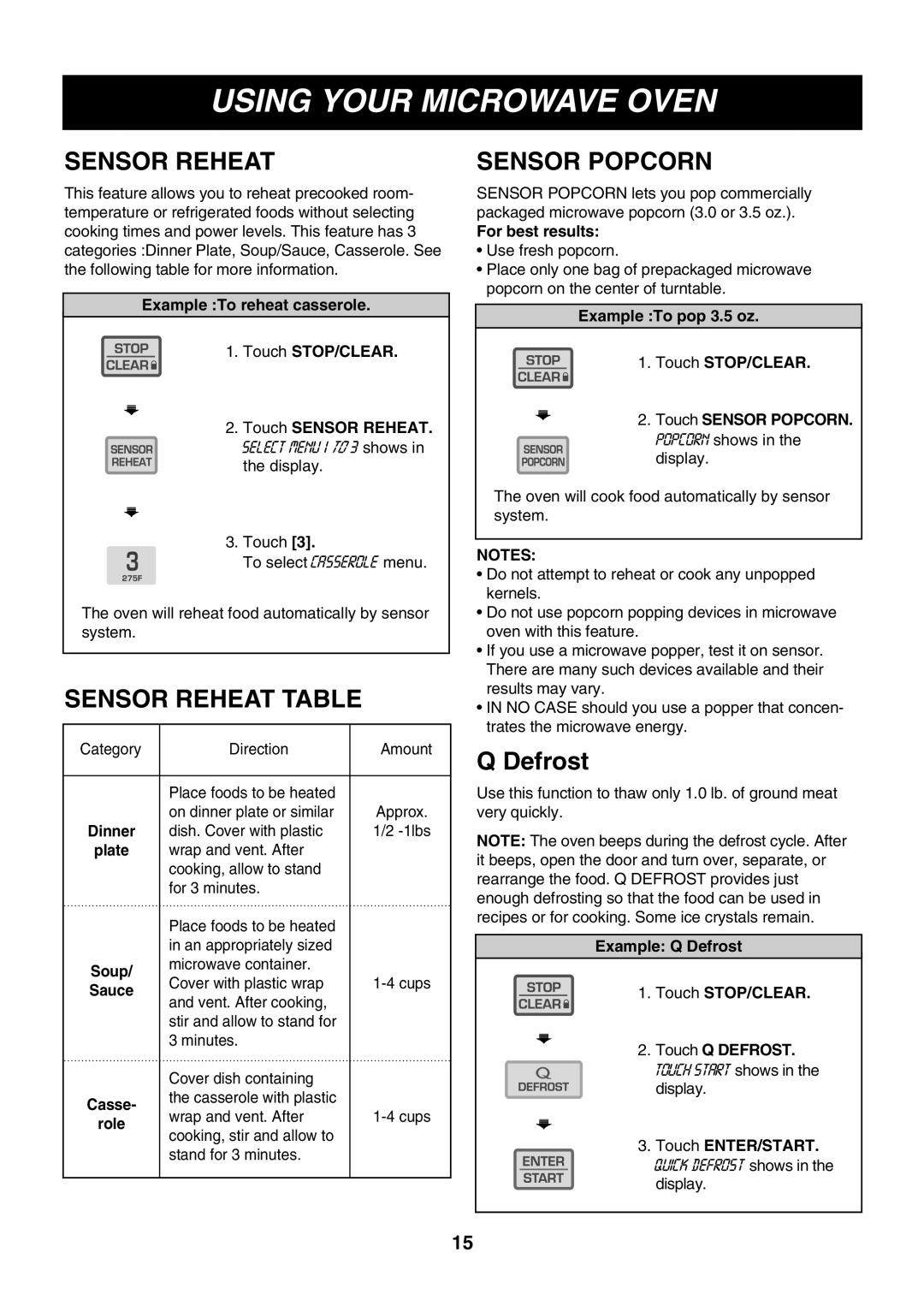 LG Electronics LMH1017CVB, LMH1017CVST, LMH1017CVW owner manual Sensor Reheat Table, Sensor Popcorn 