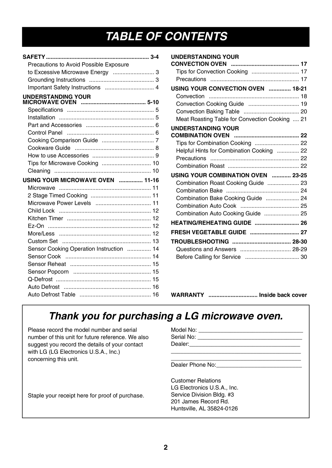 LG Electronics LMH1017CVW, LMH1017CVB, LMH1017CVST owner manual Table of Contents 