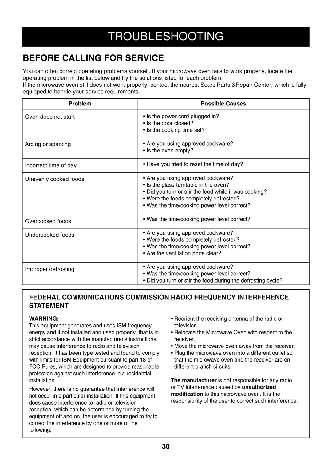 LG Electronics LMH1017CVB, LMH1017CVST, LMH1017CVW owner manual Before Calling for Service, Problem Possible Causes 