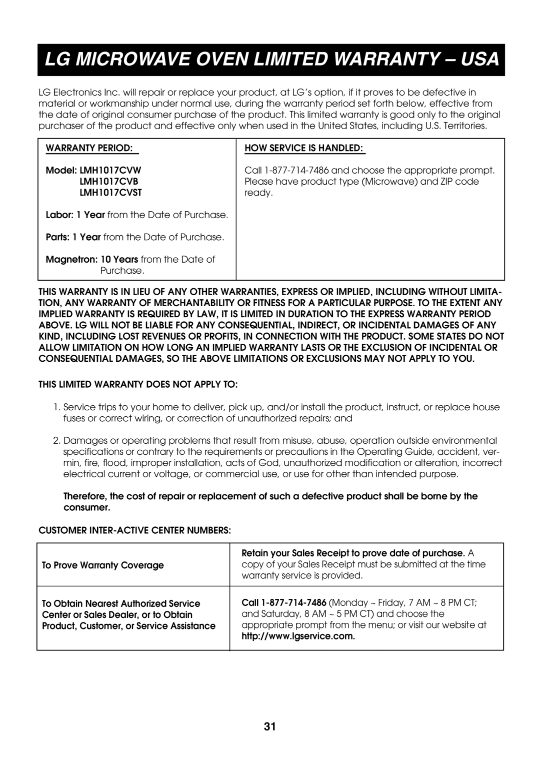 LG Electronics LMH1017CVW owner manual LG Microwave Oven Limited Warranty USA, LMH1017CVB LMH1017CVST 