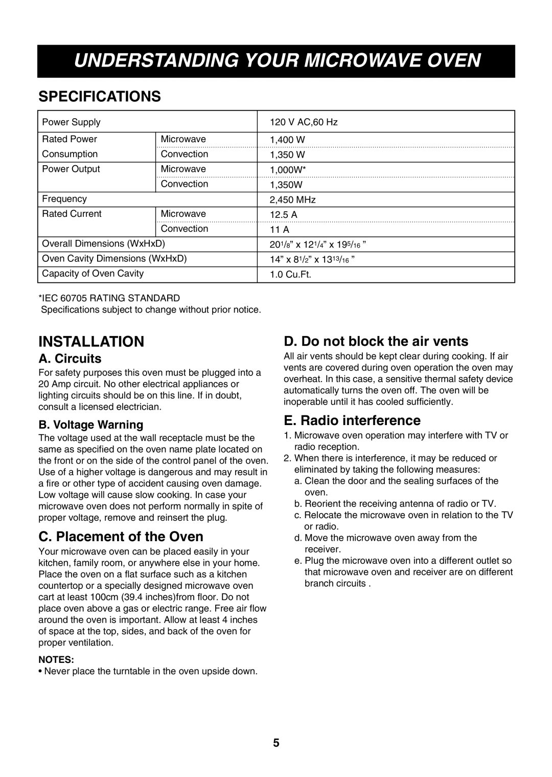 LG Electronics LMH1017CVW, LMH1017CVB, LMH1017CVST Understanding Your Microwave Oven, Specifications, Installation 