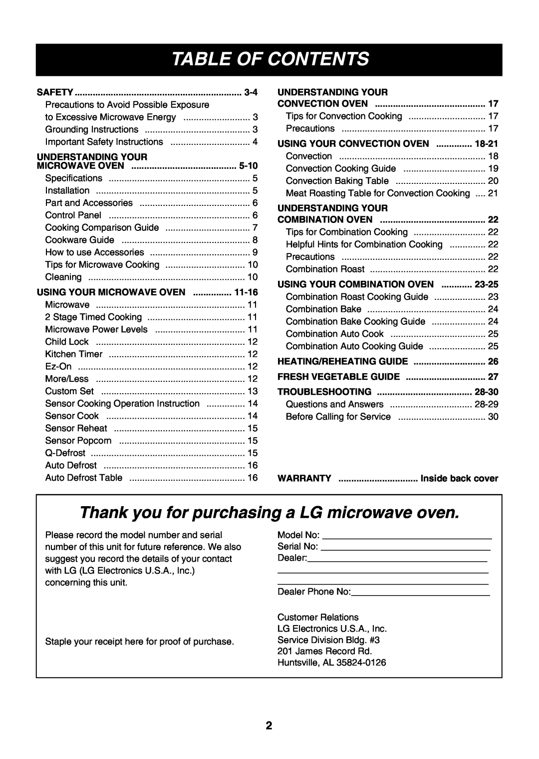 LG Electronics LMH1017CVW Table Of Contents, Safety, Understanding Your, 5-10, Using Your Microwave Oven, Warranty 