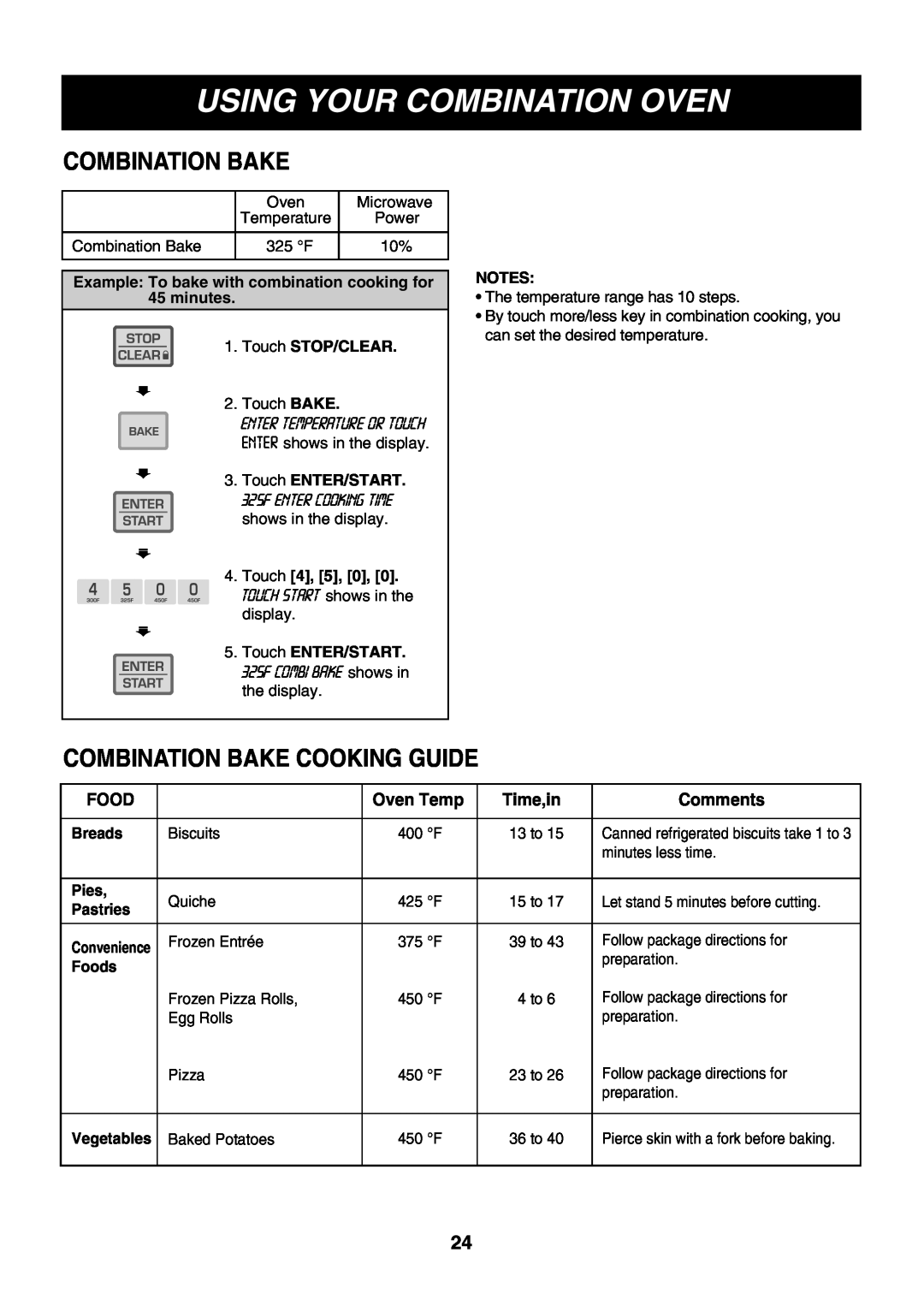 LG Electronics LMH1017CVB Combination Bake Cooking Guide, Time,in, Using Your Combination Oven, Food, Oven Temp, Touch 