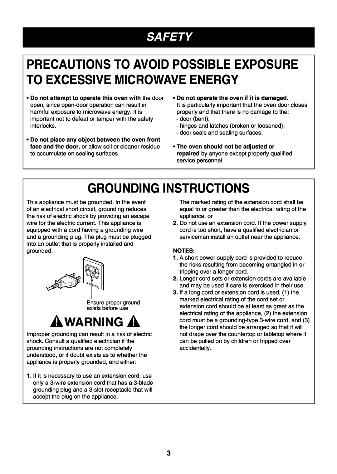 LG Electronics LMH1017CVB, LMH1017CVST, LMH1017CVW Grounding Instructions, Safety, Do not operate the oven if it is damaged 