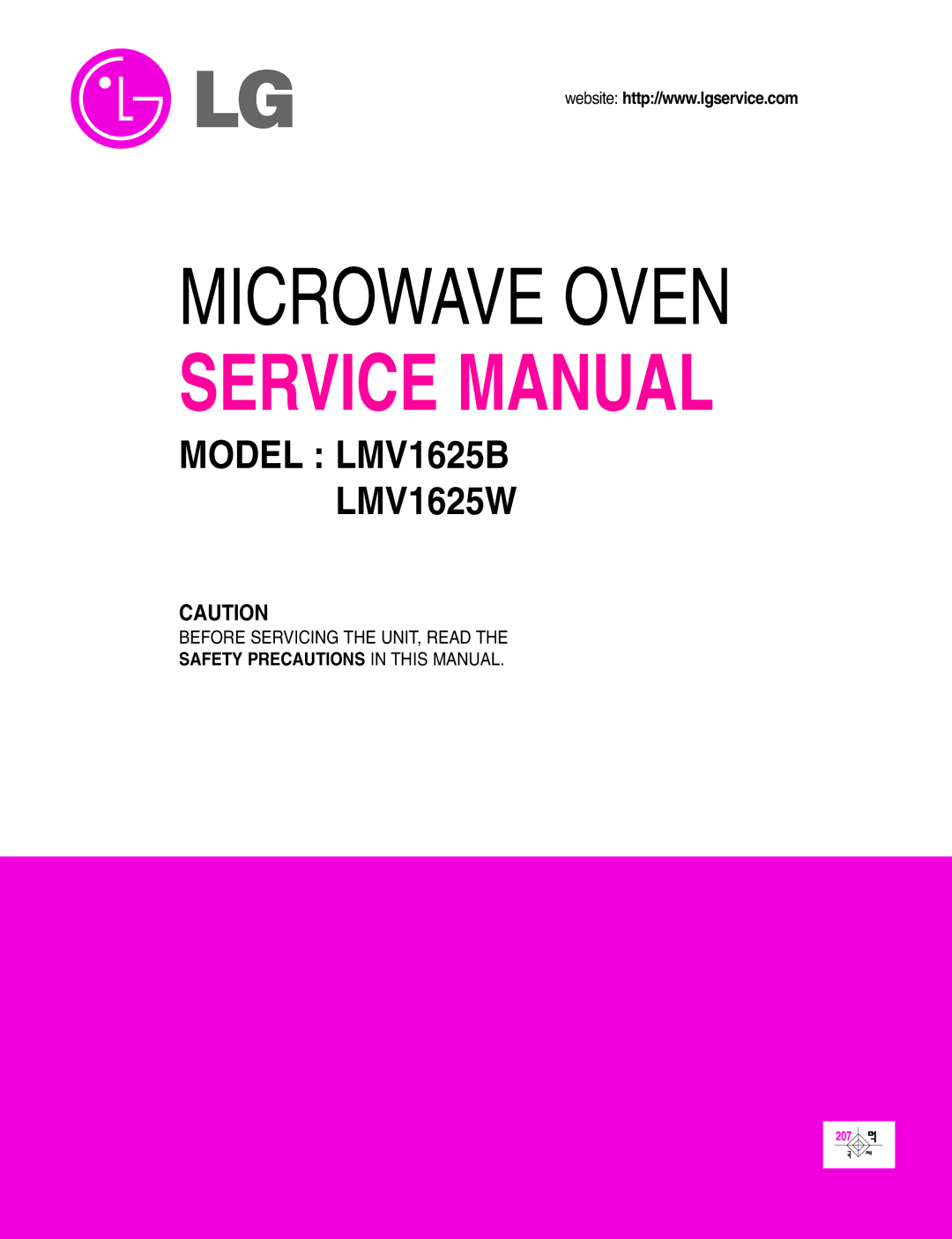 LG Electronics LMV1625W, LMV1625B service manual Microwave Oven 