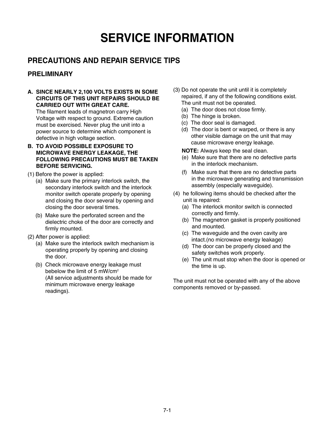 LG Electronics LMV1625B, LMV1625W service manual Service Information, Precautions and Repair Service Tips, Preliminary 