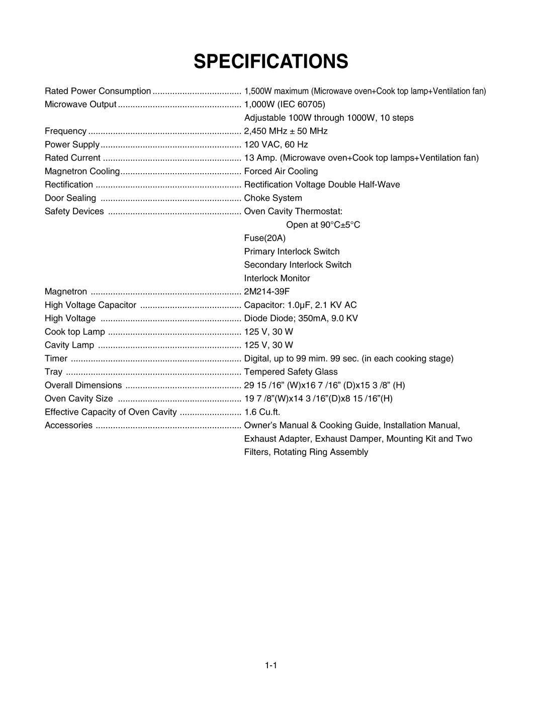 LG Electronics LMV1625B, LMV1625W service manual Specifications 