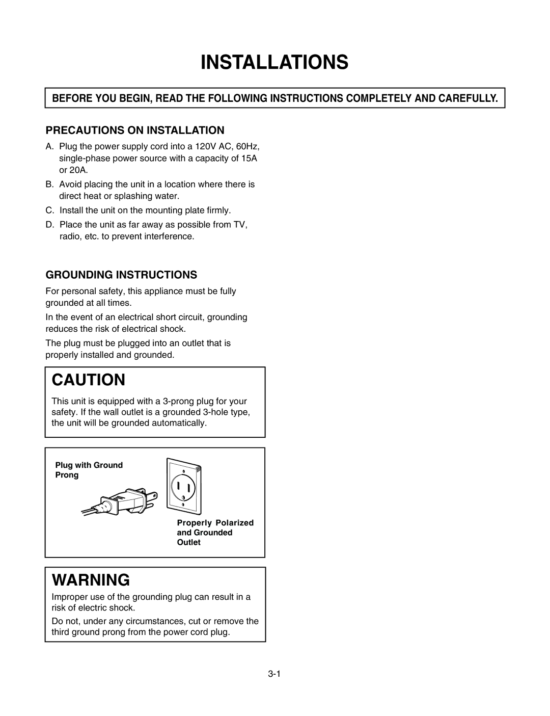 LG Electronics LMV1625B, LMV1625W service manual Installations, Precautions on Installation, Grounding Instructions 