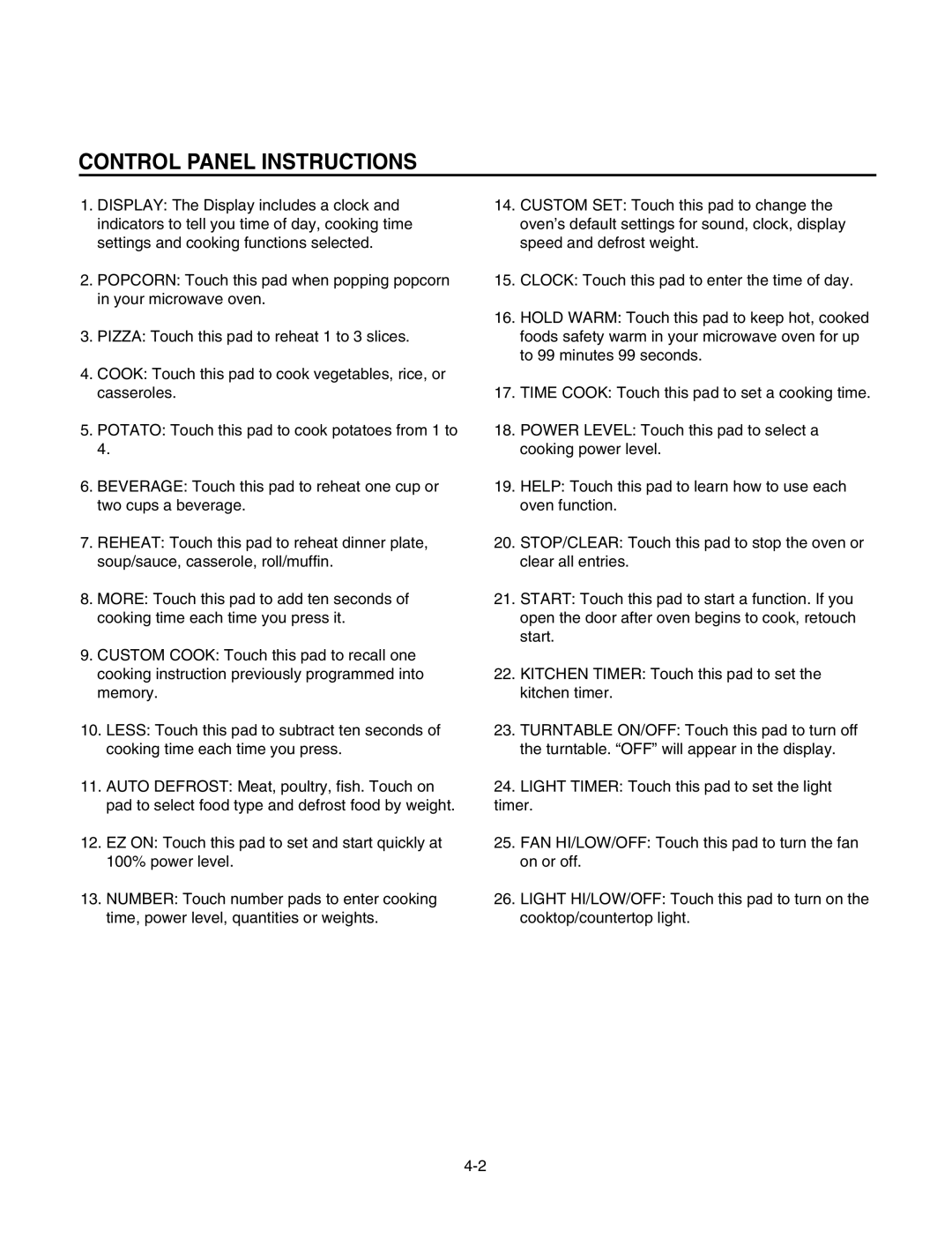 LG Electronics LMV1625B, LMV1625W service manual Control Panel Instructions 