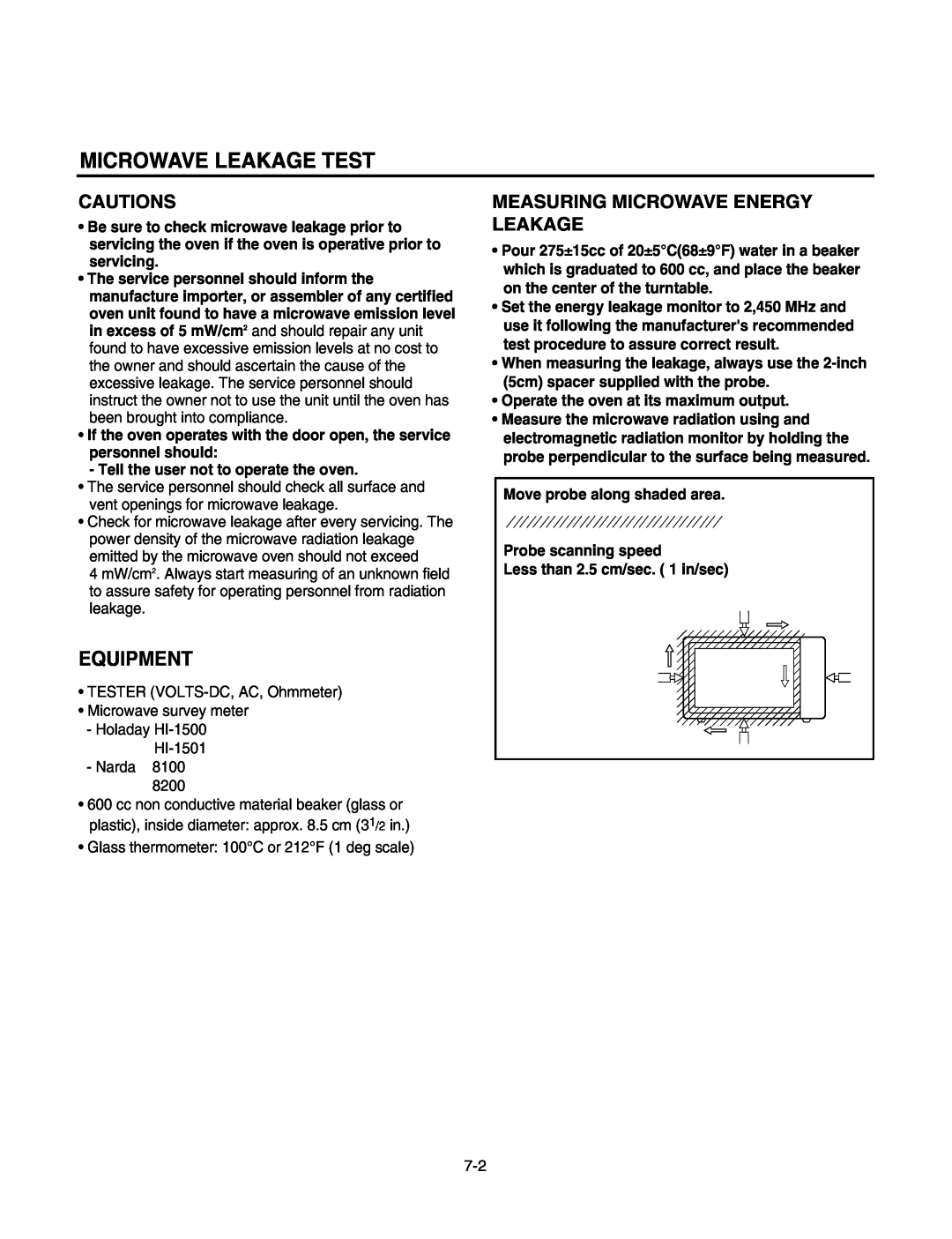 LG Electronics LMV1625W, LMV1625B service manual Microwave Leakage Test, Equipment, Tell the user not to operate the oven 