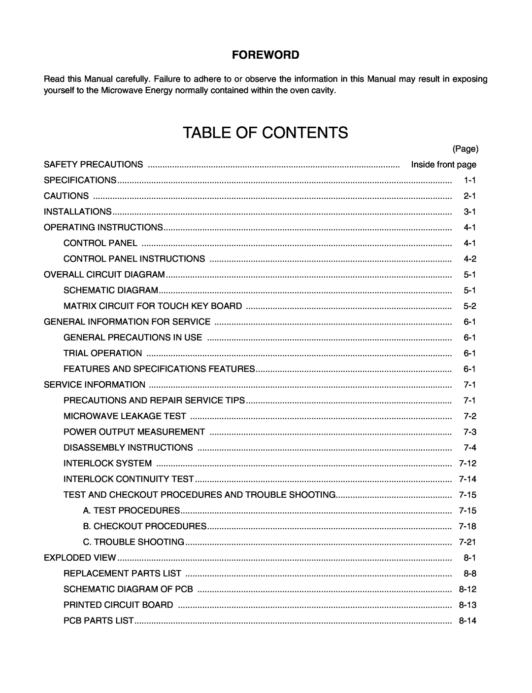 LG Electronics LMV1625W, LMV1625B service manual Foreword, Table Of Contents 