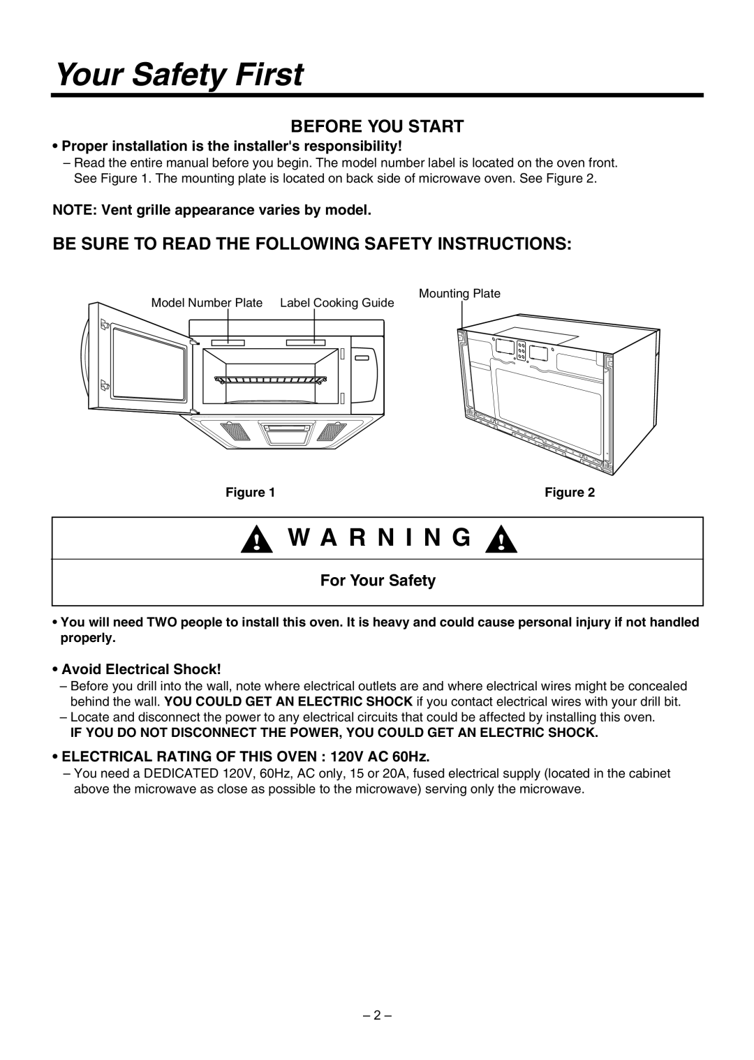 LG Electronics LMV1630WW, LMV1630BB installation instructions Your Safety First, For Your Safety 