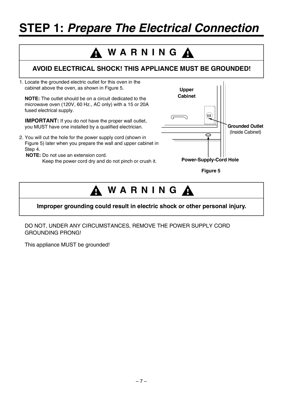 LG Electronics LMV1630BB Prepare The Electrical Connection, Upper Cabinet Grounded Outlet, Power-Supply-Cord Hole 