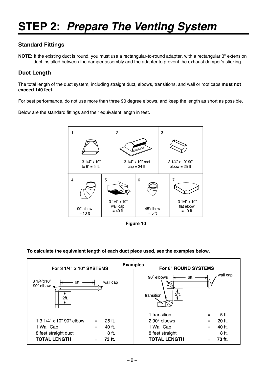 LG Electronics LMV1630BB, LMV1630WW installation instructions Standard Fittings Duct Length, Exceed 140 feet, 73 ft 